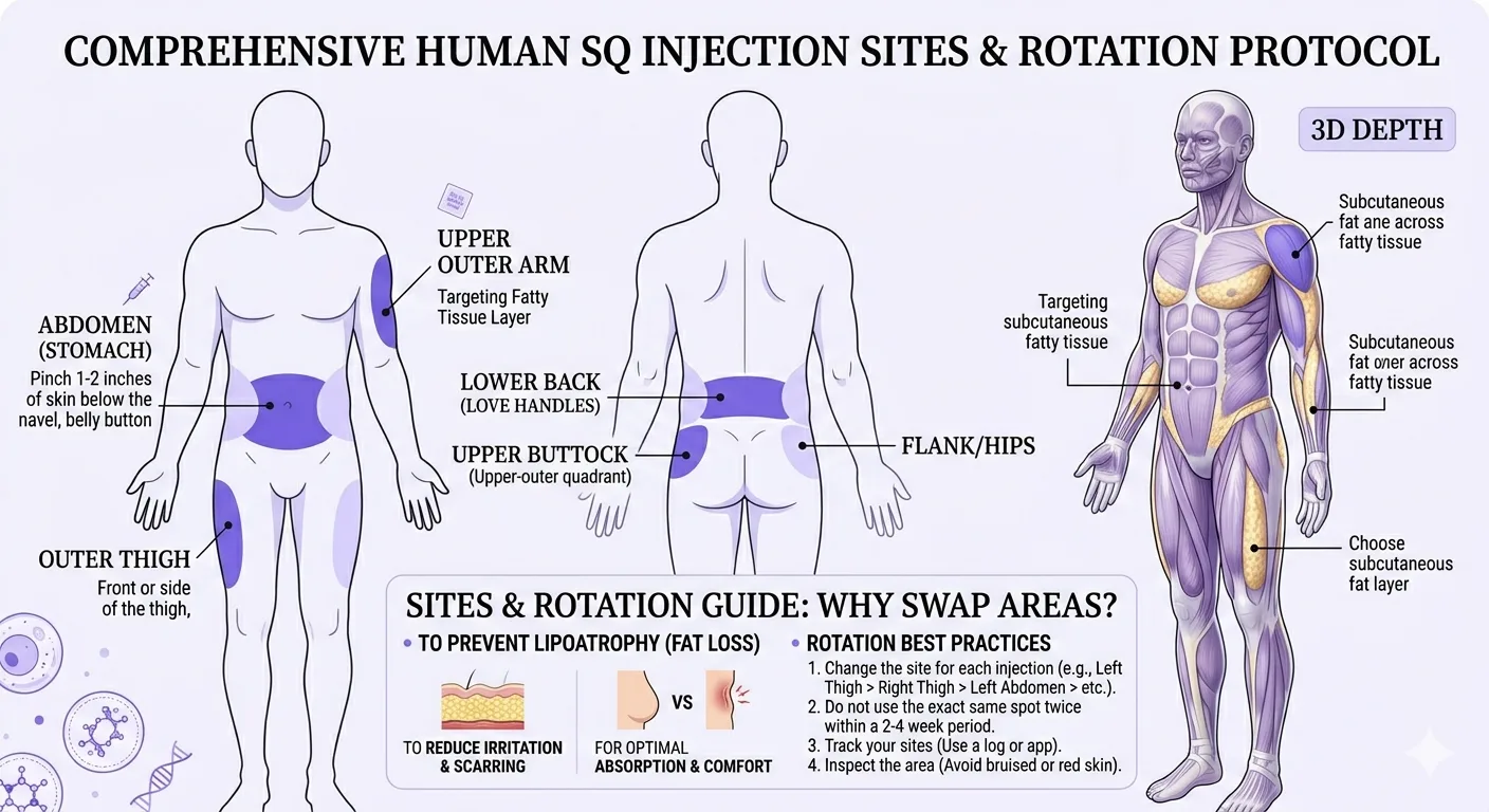 Comprehensive subcutaneous injection sites and rotation protocol diagram