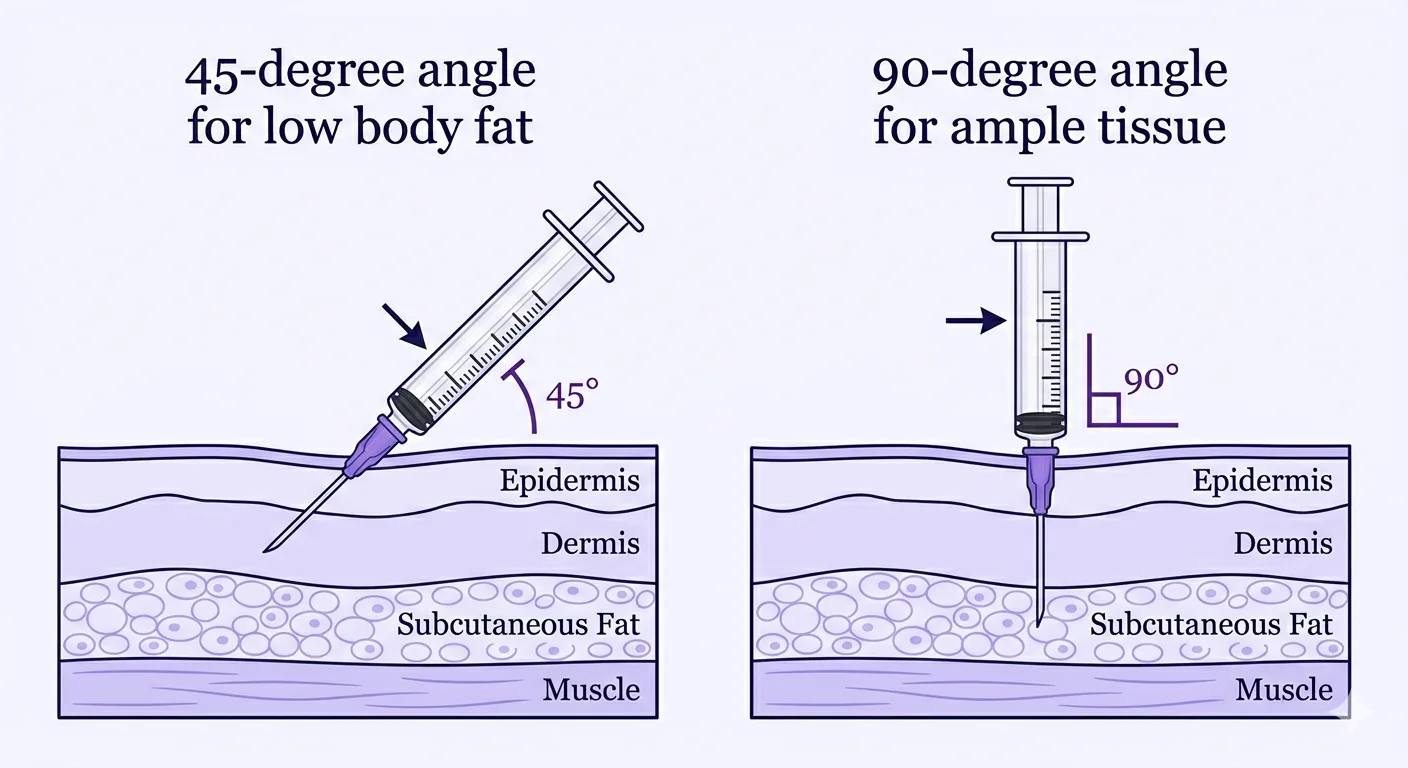 Subcutaneous injection needle angle guide -- 45 degree and 90 degree technique diagram