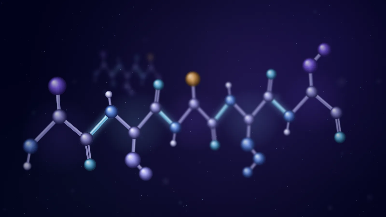Conceptual ball-and-stick illustration of a short peptide: five amino acids linked in a zigzag backbone, each with a side chain, the peptide bonds between them glowing cyan, on a deep navy background.