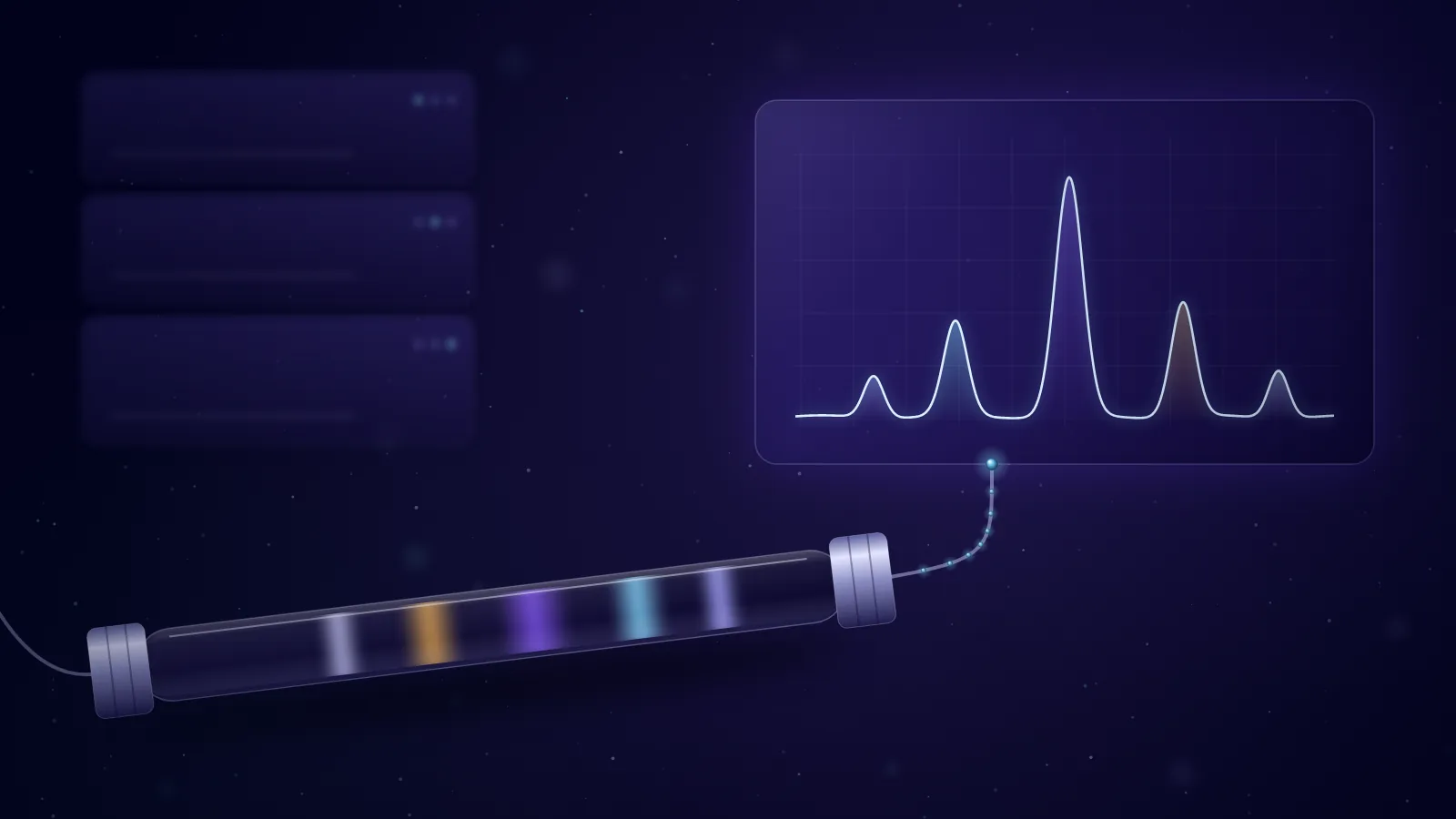 Conceptual illustration of an HPLC column separating a sample into coloured bands, linked by a thin tube to a glass display showing a chromatogram with one tall peak and four smaller ones. Not real test data.