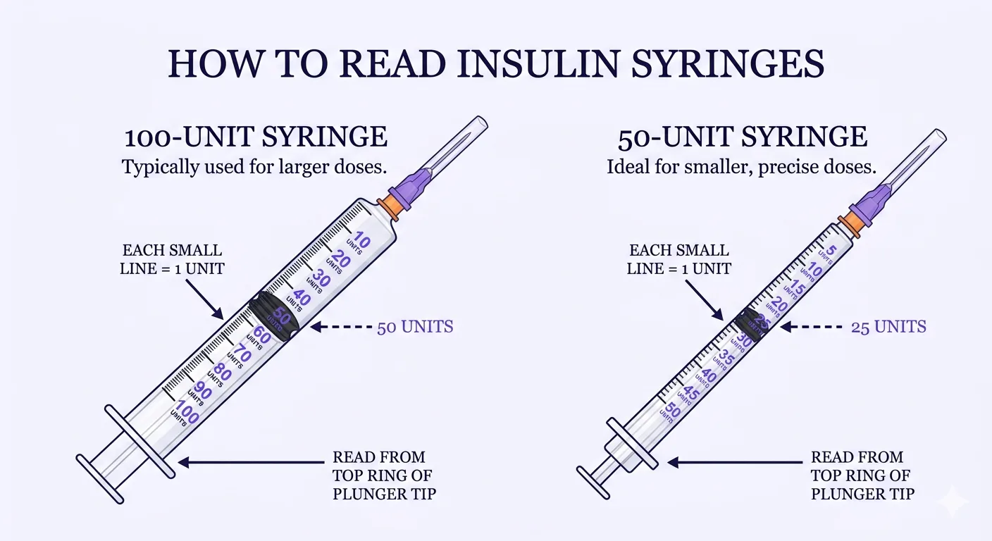 How to read insulin syringes -- 100-unit and 50-unit syringe unit markings diagram